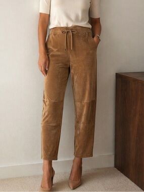 Women's Suede-Look Drawstring Ankle Pants in Tan Sz S